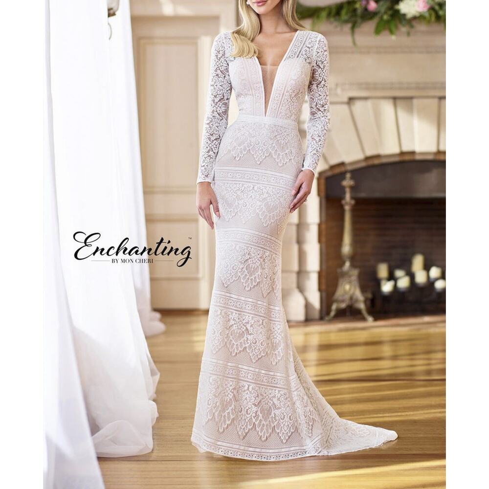 Enchanting By Mon Cherie New 218169 Bohemian Lace Wedding Gown Dress Size 10